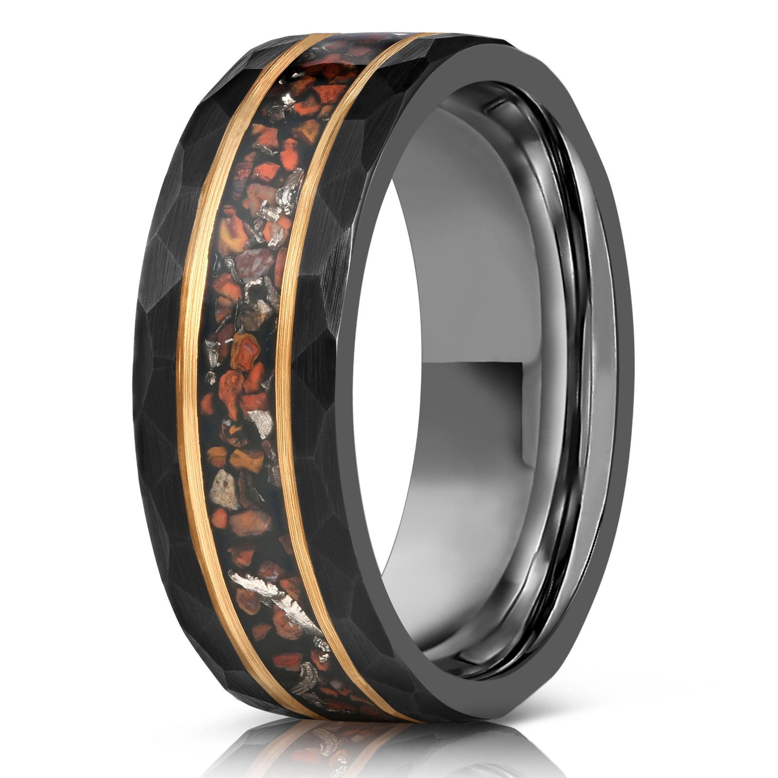 "Perseus" Black/Rose Hammered Tungsten Carbide Ring- Dinosaur Bones and Meteorite- 6mm/8mm