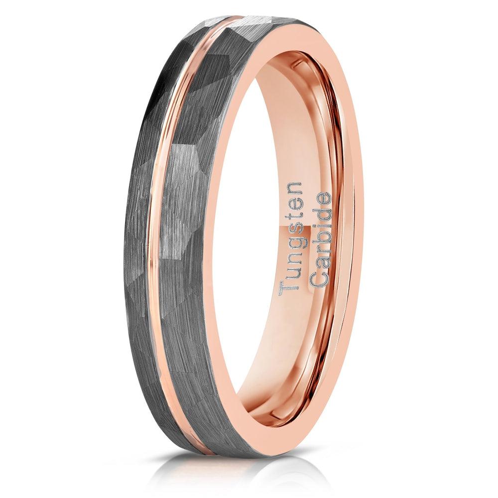 "Zeus" Womens Hammered Tungsten Carbide Ring- White Gold w/ Rose Gold Strip- 4mm-Rings By Lux