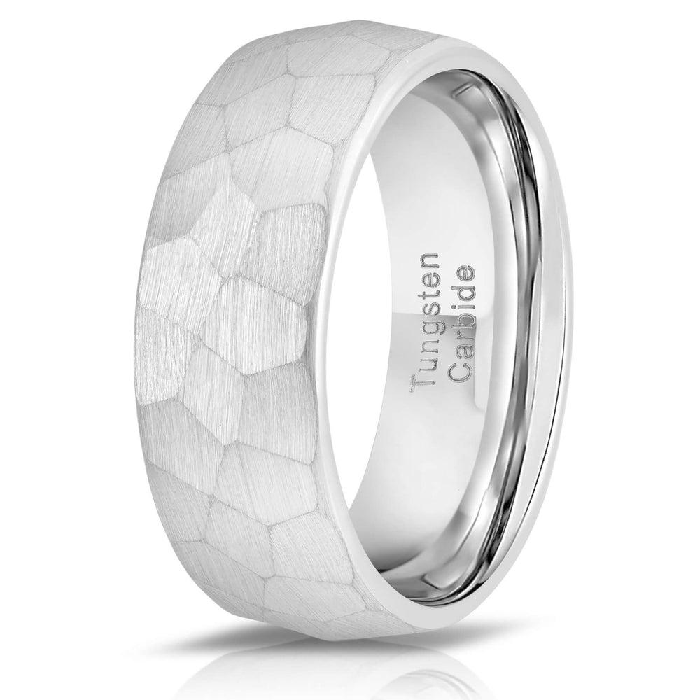 "Zeus" Hammered Tungsten Carbide Ring- White Gold Plate- 8mm-Rings By Lux