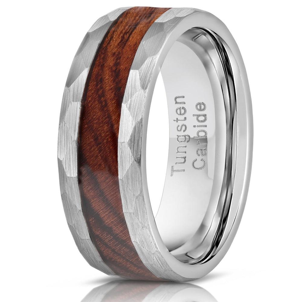 "Zeus" Hammered Tungsten Carbide Ring- Silver with Desert Ironwood-Rings By Lux