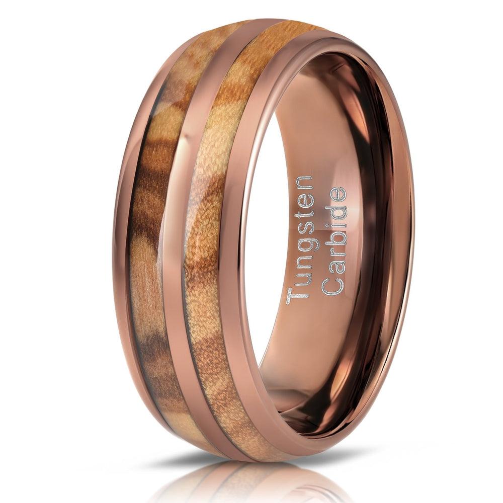 "Dionysus" Olive Wood Double Barrel Rose Gold Tungsten Ring-Rings By Lux
