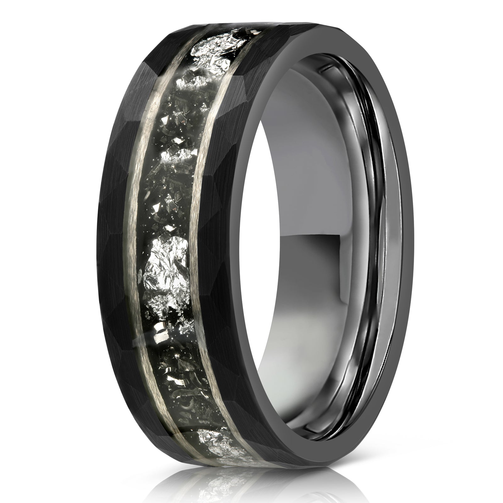 "Zeus" Hammered Tungsten Carbide Ring- Black w/ Meteorite & White Gold Leaf- 6mm/8mm
