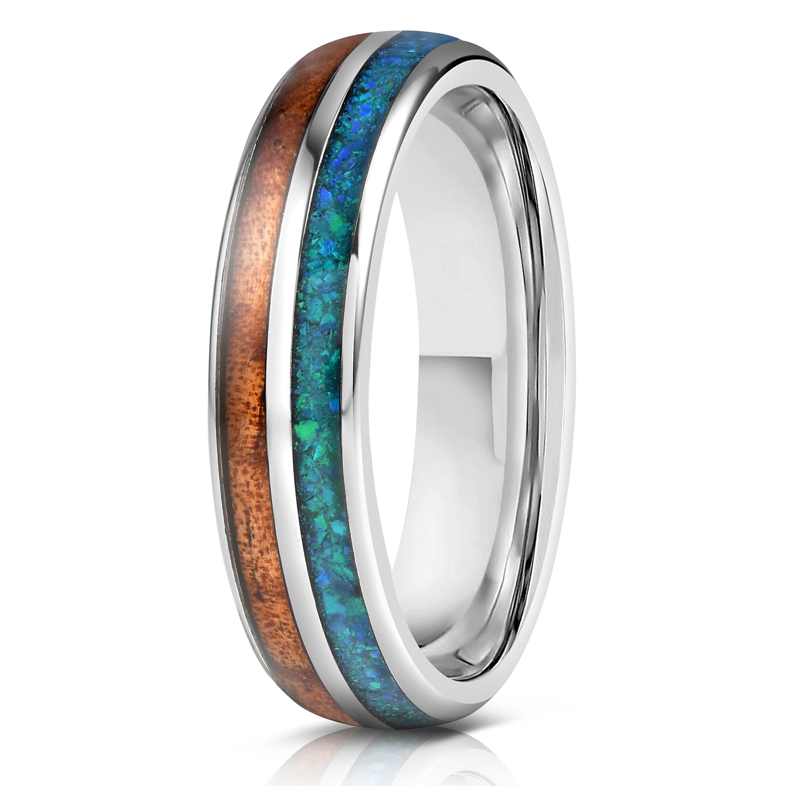 "Dionysis" Womens Tungsten Carbide Ring- Silver X Blue-Green Opal- 5mm