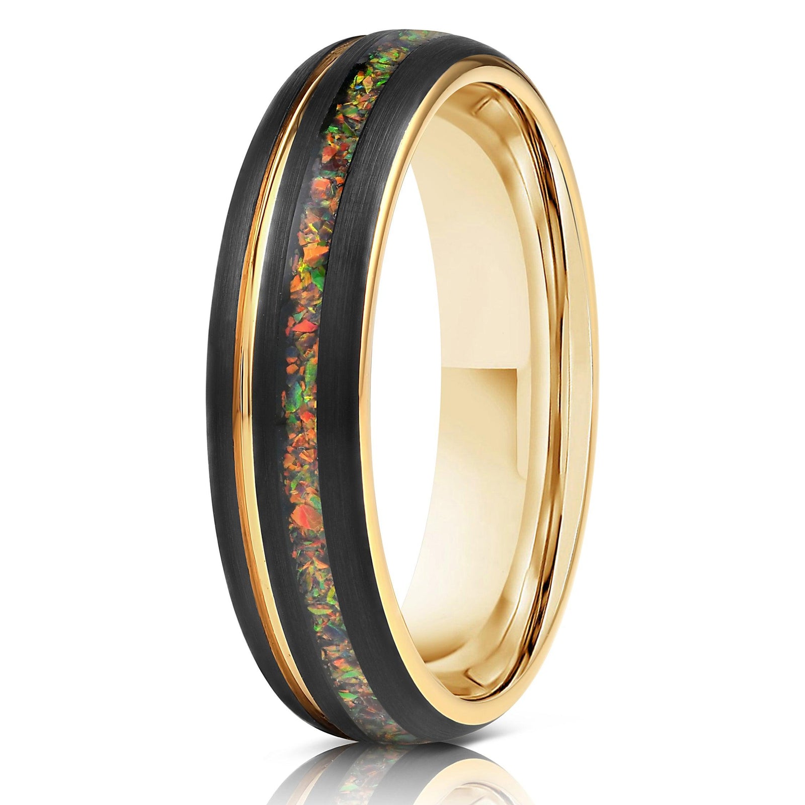 "Dionysis" Womens Tungsten Carbide Ring- Yellow Gold X Rasta Opal- 5mm
