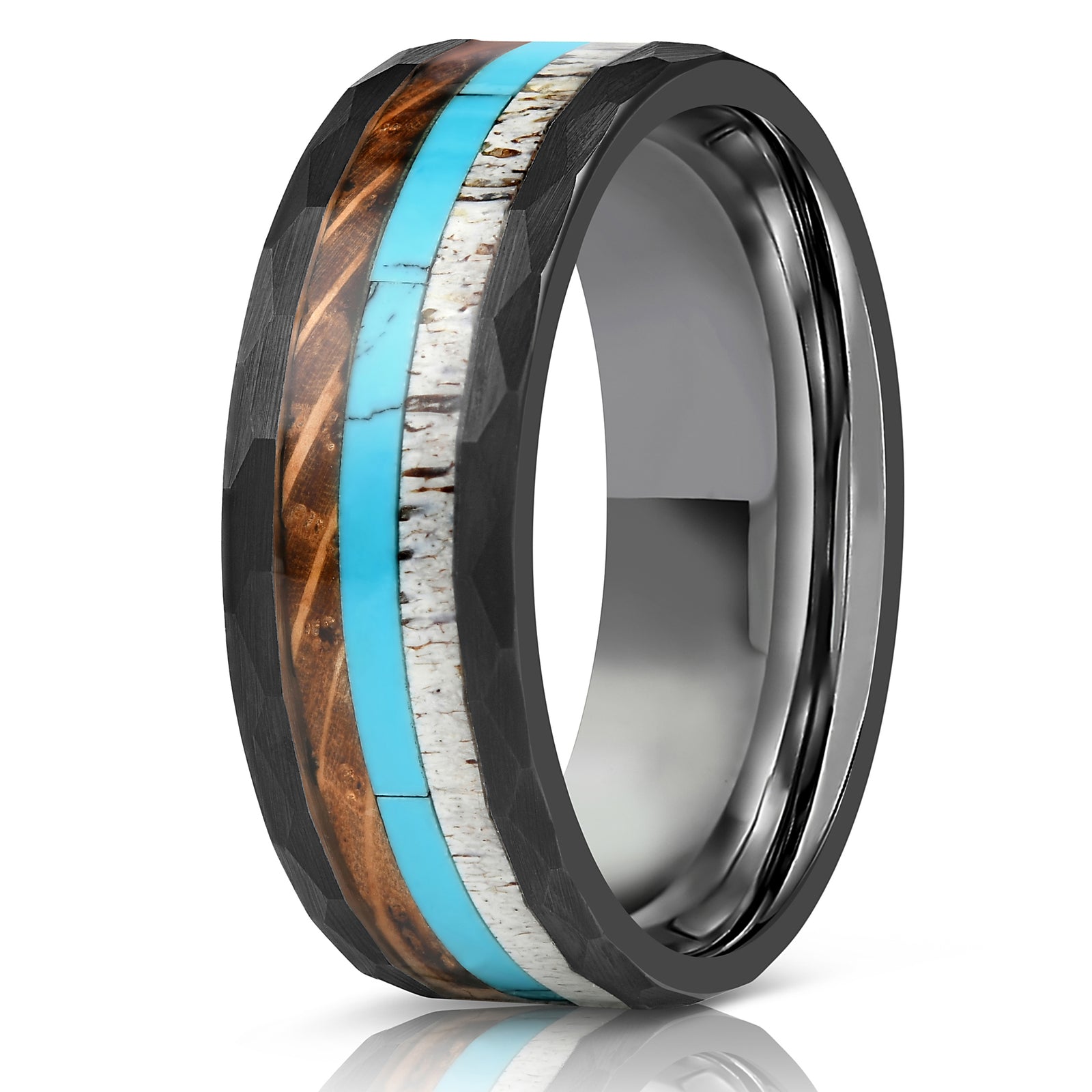 "Zeus" Hammered Ring- Black with Charred Whiskey Barrel, Turquoise and Antler