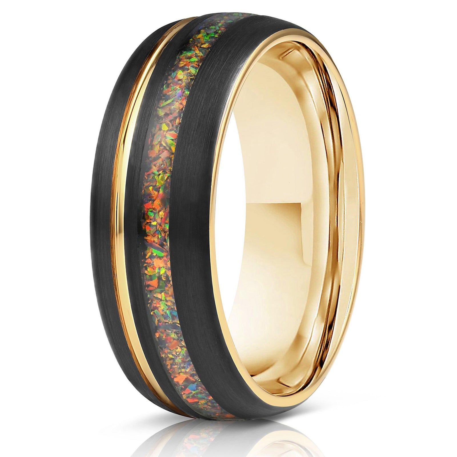 "Dionysus" Black x Rasta Opal Yellow Gold Tungsten Ring