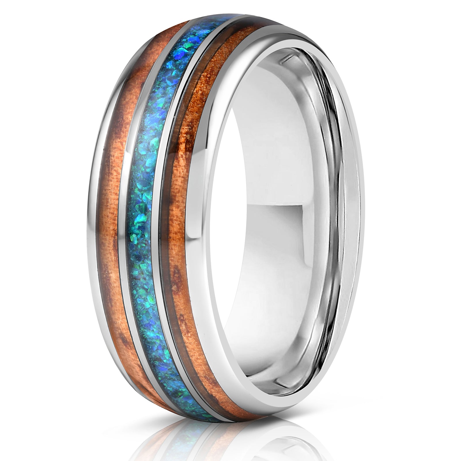 "Dionysus" Koa x Blue-Green Opal Silver Tungsten Ring