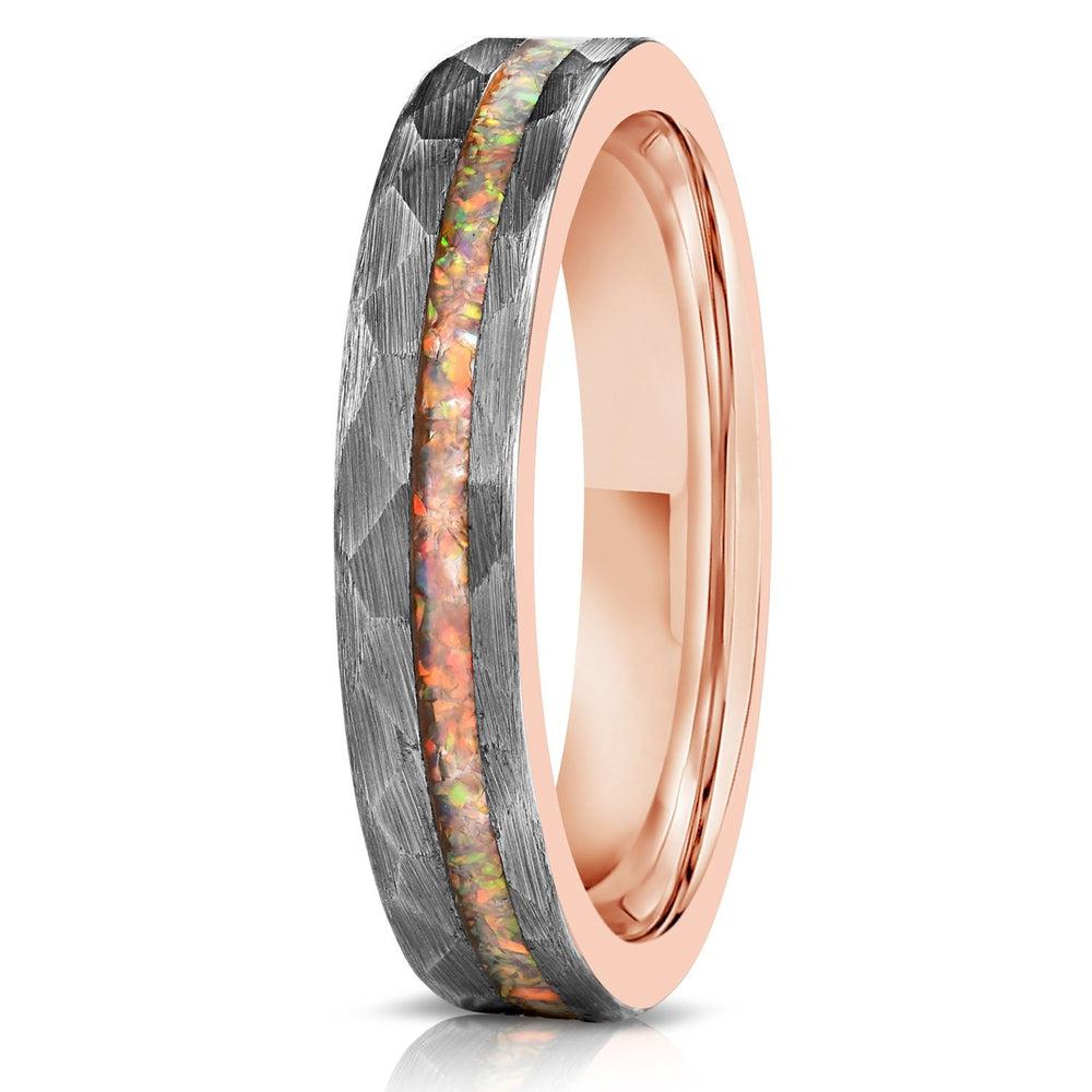 "Zeus" Womens Hammered Tungsten Carbide Ring- White Gold w/ Opal Inlay- 4mm-Rings By Lux