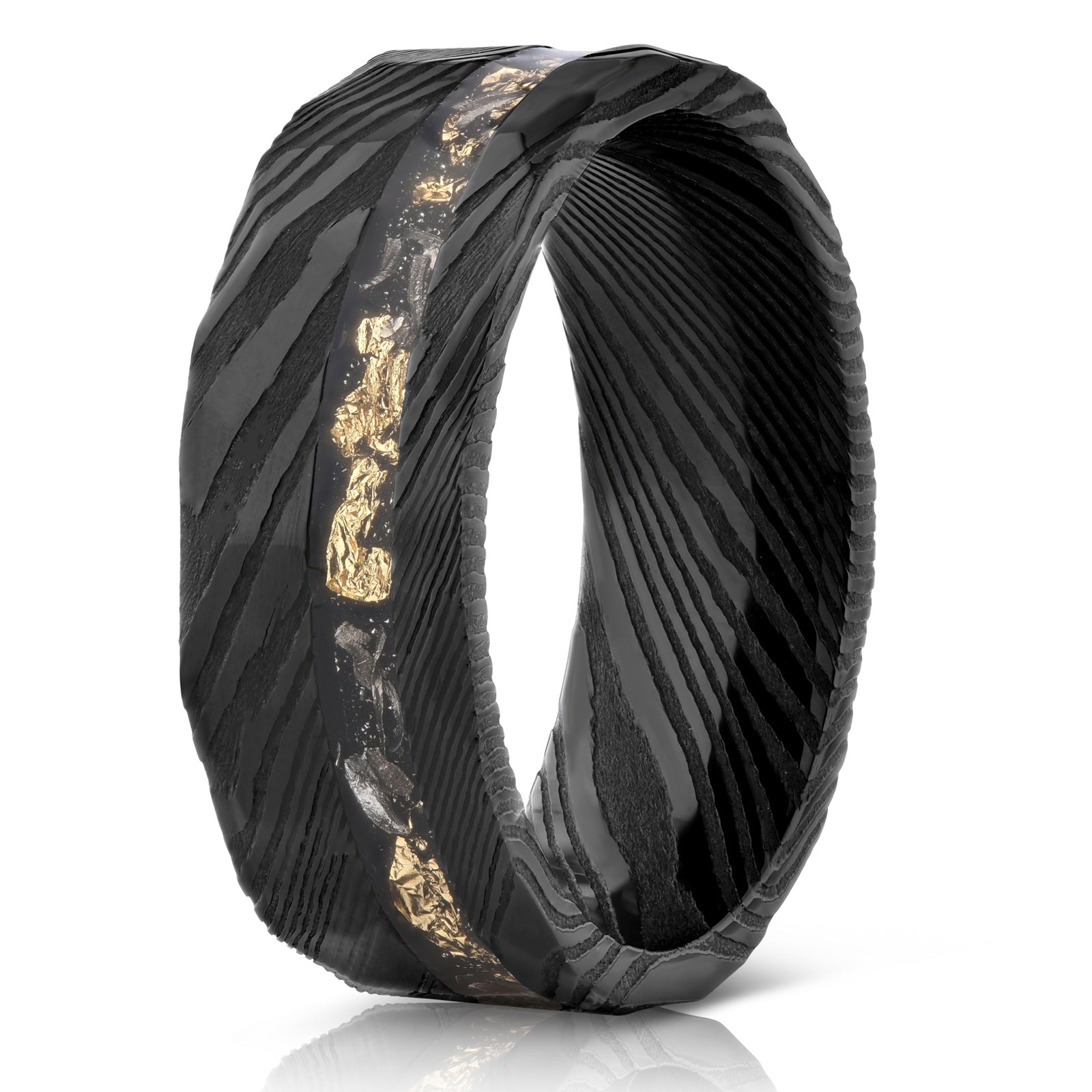 Black Hammered Flat "Poseidon" Meteorite/Gold Leaf Inlay- Steel Ring