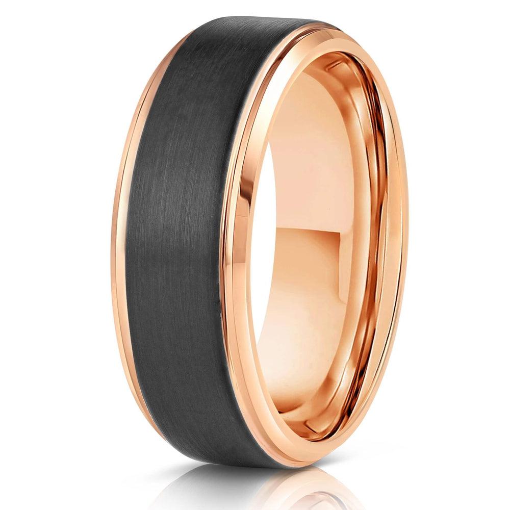 "Apollo" Tungsten Carbide Ring- Black w/ Rose Gold Strip- 8mm-Rings By Lux