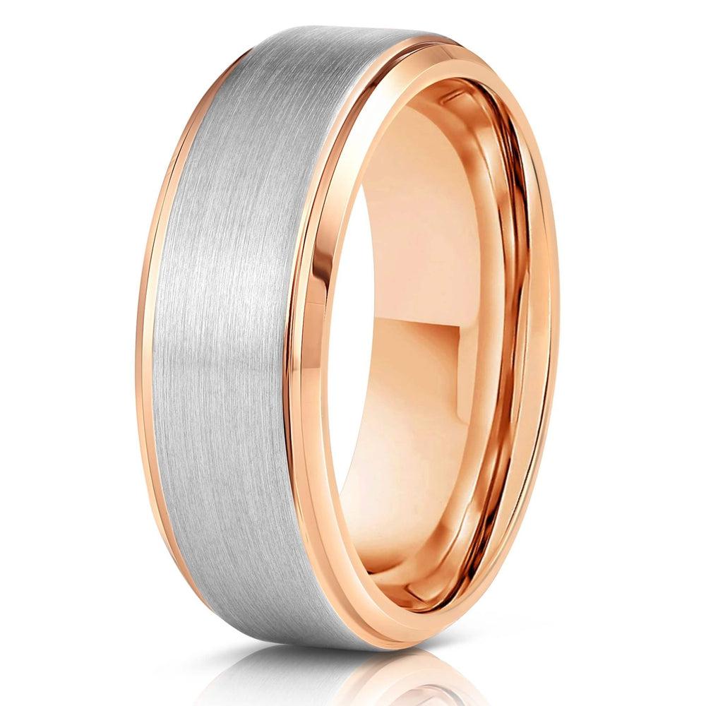 "Apollo" Tungsten Carbide Ring- White Gold w/ Rose Gold Strip- 8mm-Rings By Lux