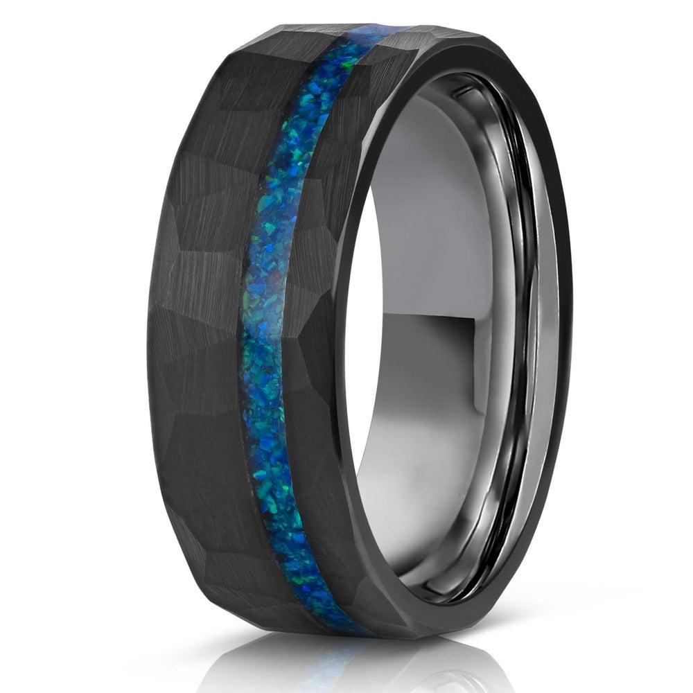 "Zeus" Hammered Tungsten Carbide Ring- Black w/ Blue Opal Strip- 8mm-Rings By Lux