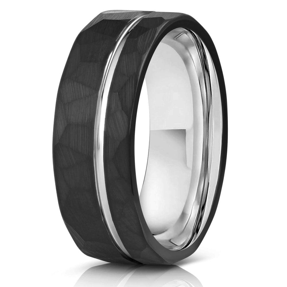 "Zeus" Hammered Tungsten Carbide Ring- Black w/ White Gold Strip- 8mm-Rings By Lux