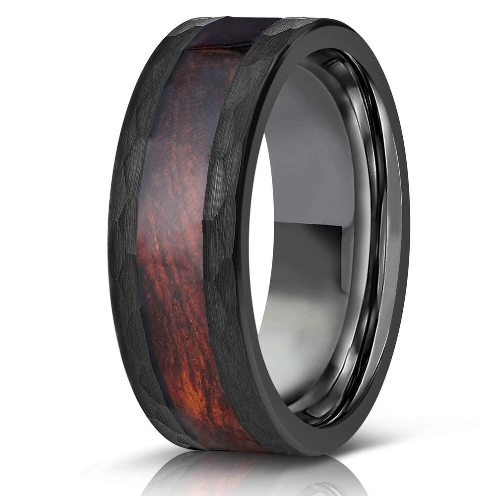 "Zeus" Hammered Tungsten Carbide Ring- Black with Snake Wood-Rings By Lux