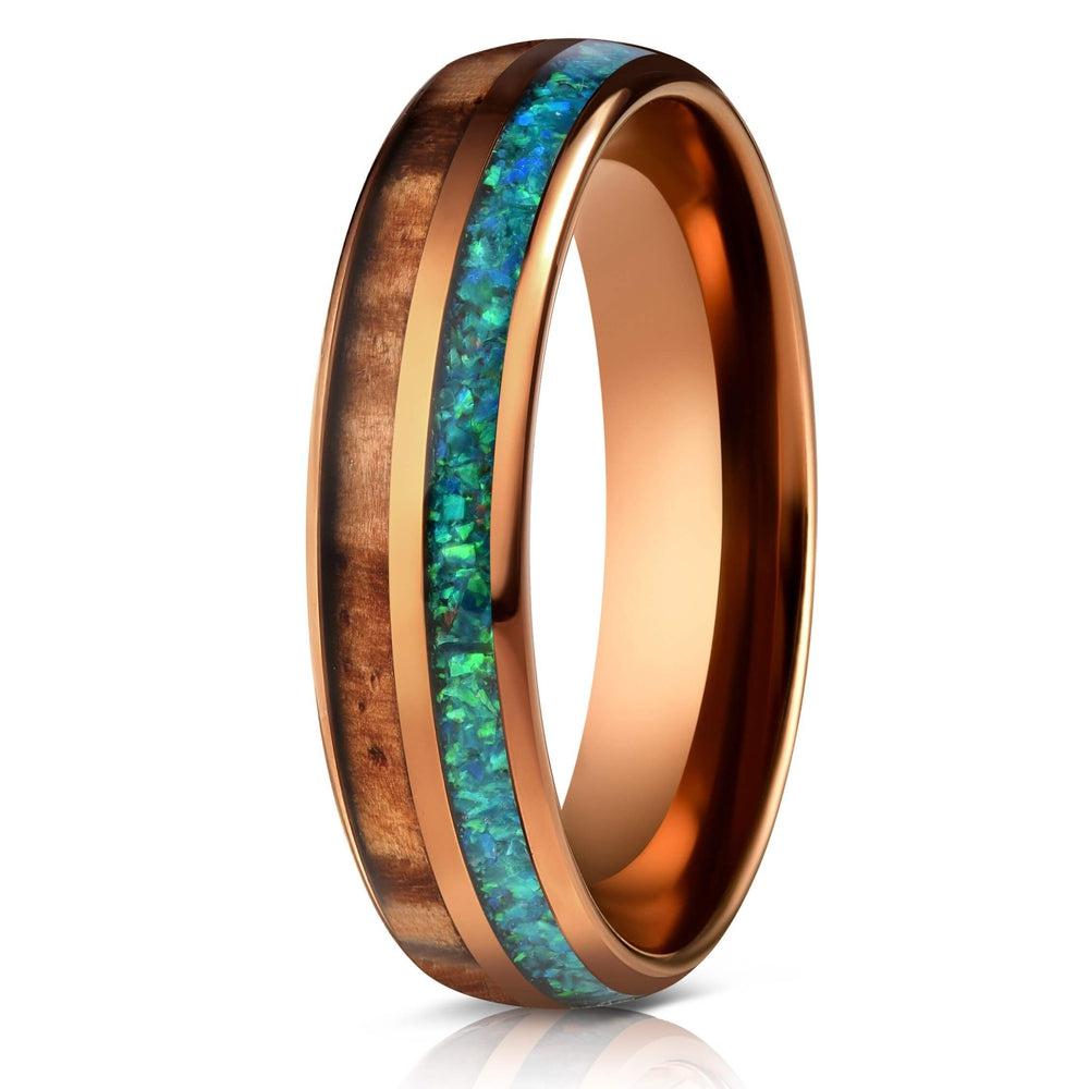"Dionysis" Womens Tungsten Carbide Ring- Smoked Rose Gold X Blue/Green Opal- 5mm-Rings By Lux