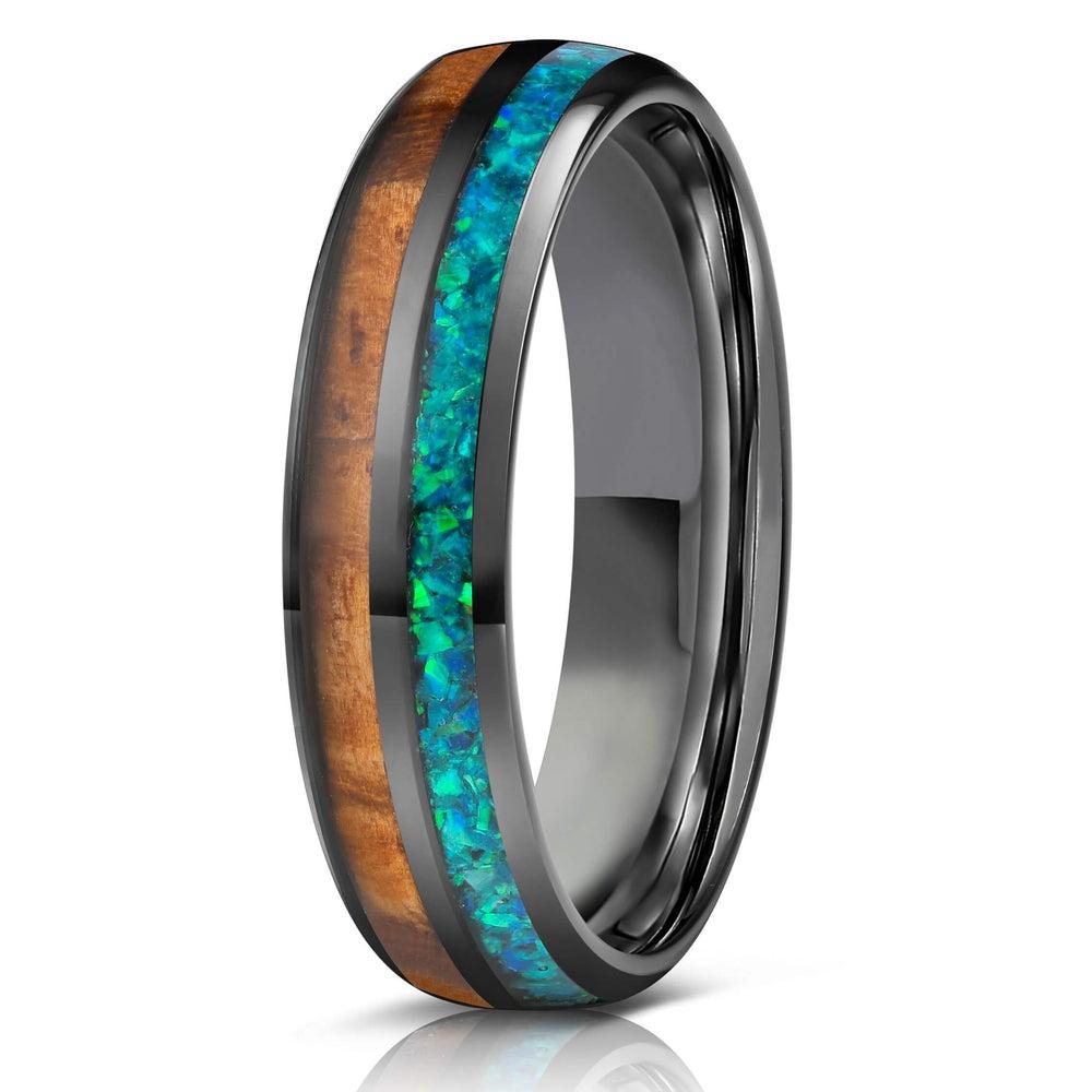"Dionysis" Womens Tungsten Carbide Ring- Gunmetal X Blue/Green Opal- 5mm-Rings By Lux