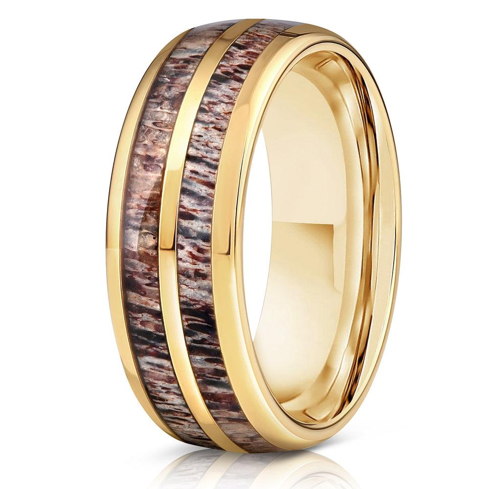 "Dionysus" Double Barrel Naturally Shed Antler Yellow Gold Tungsten Ring- Domed-Rings By Lux