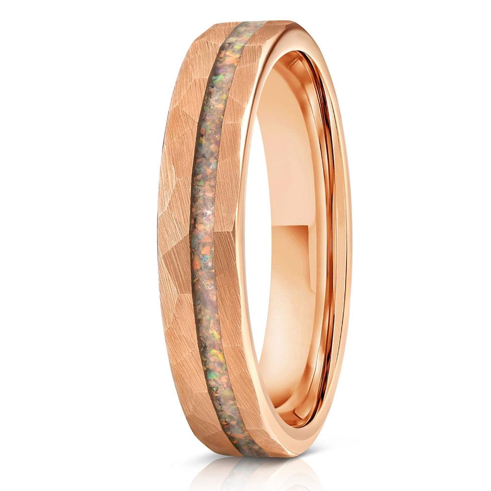"Zeus" Womens Hammered Tungsten Carbide Ring- Rose Gold w/ Opal Inlay- 4mm-Rings By Lux