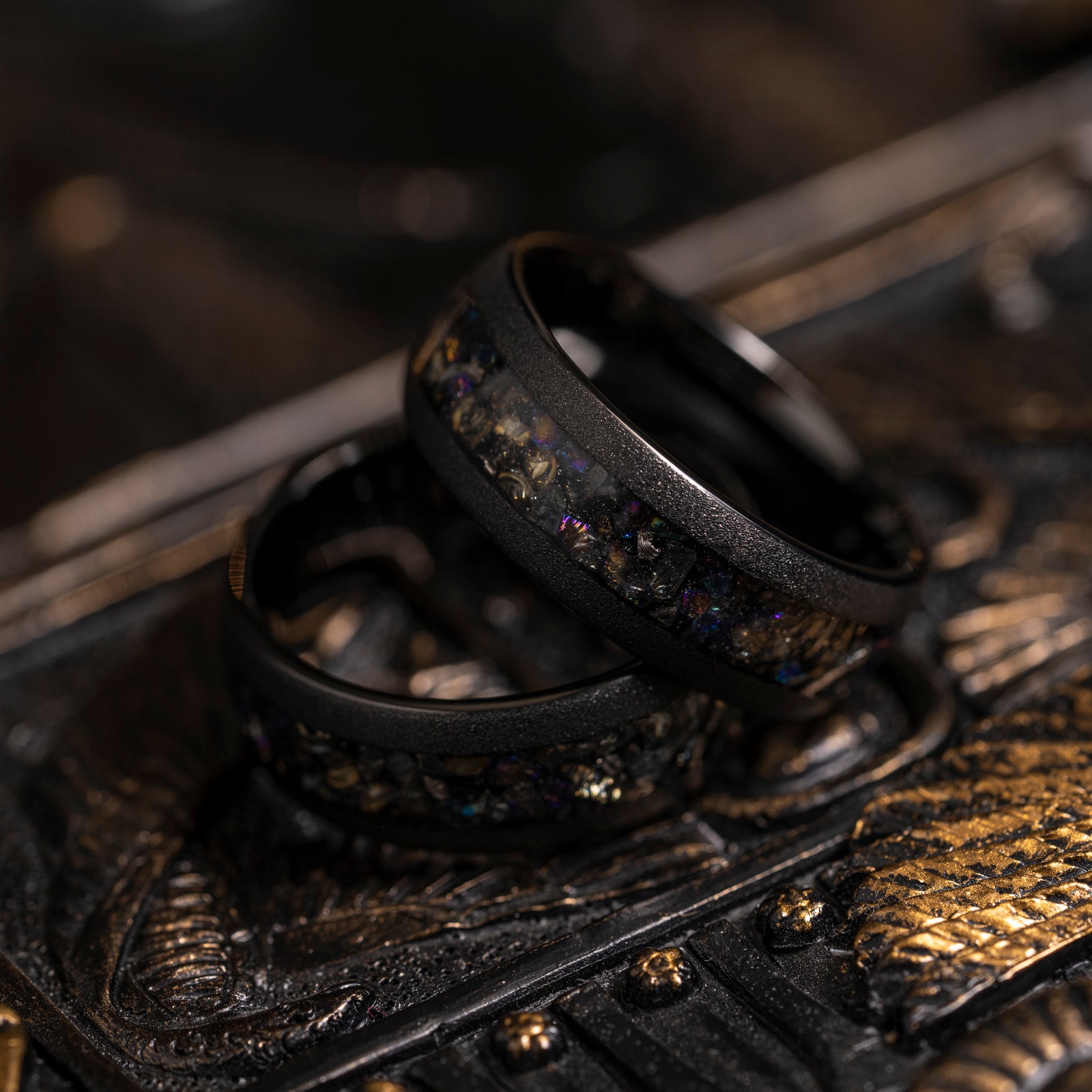 "Zeus" Domed Dark Nebula Ring- Meteorite and Opal- Black 8mm