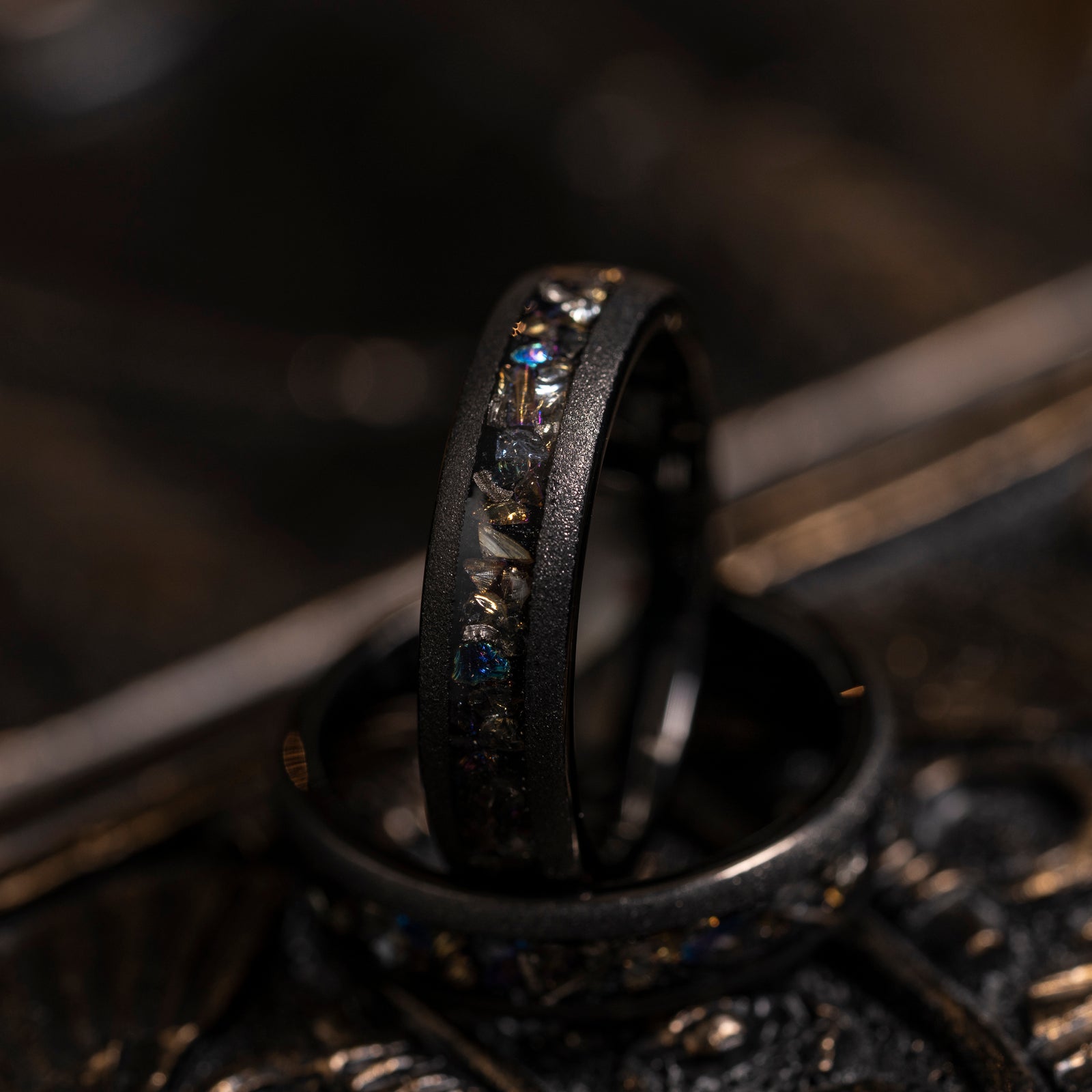 "Zeus" Domed Dark Nebula Ring- Meteorite and Opal- Black 5mm Womens
