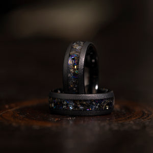 "Zeus" Domed Dark Nebula Ring- Meteorite and Opal- Black 8mm