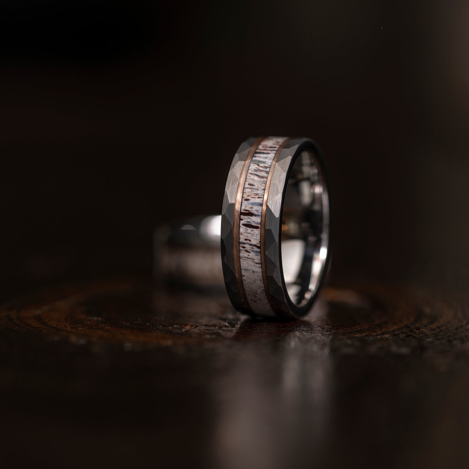 "Zeus" Silver/Rose Hammered Ring with Antler