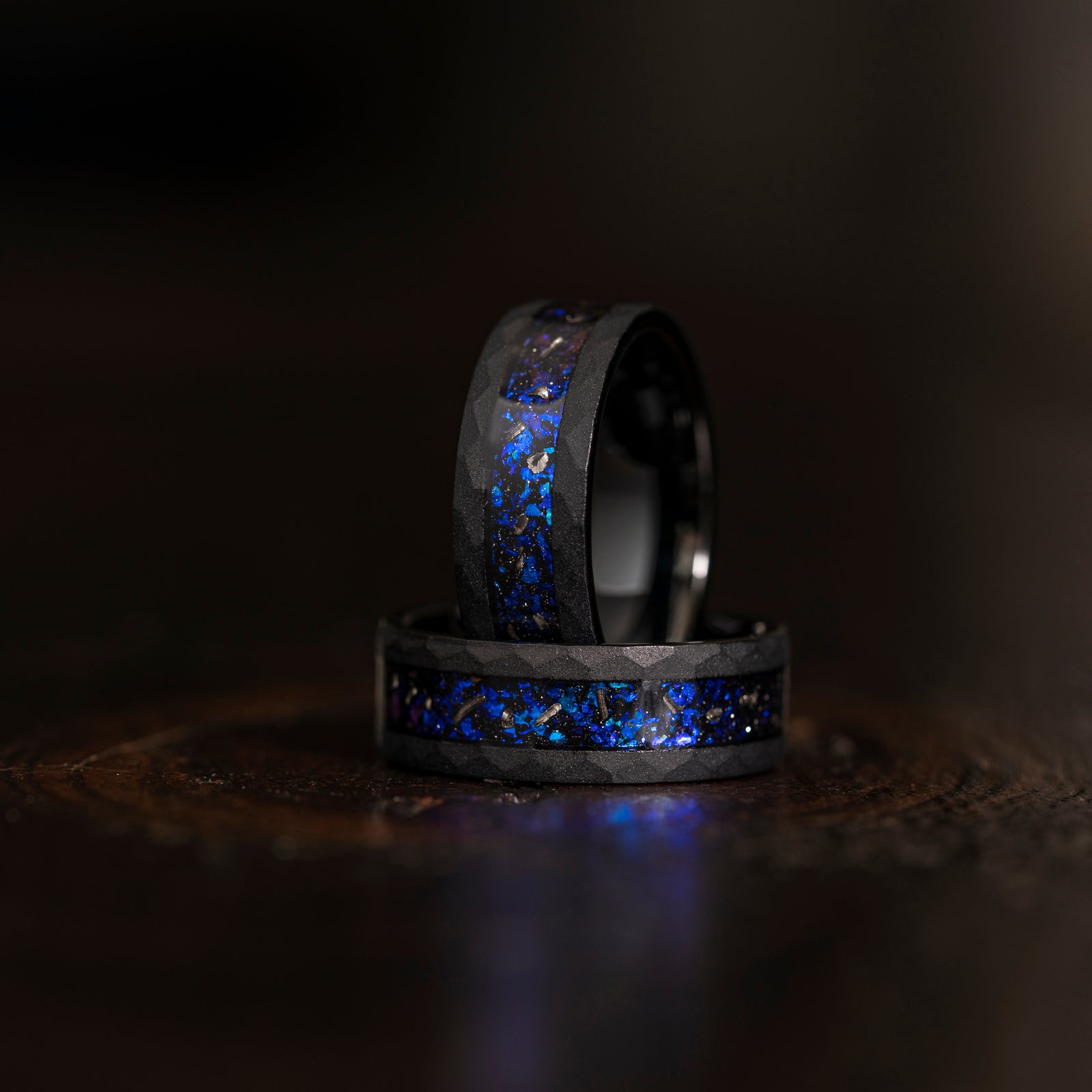"Zeus" Hammered Nebula Ring- Meteorite and Opal- Black 8mm