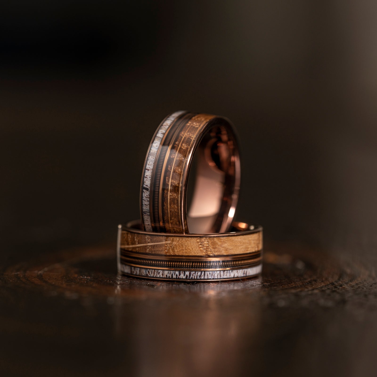 "Dionysus" Whiskey Barrel Wood x Antler x Guitar String Ring- Smoked Rose Gold Tungsten