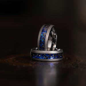 "Zeus" Domed Nebula Ring- Meteorite and Opal- Silver 8mm