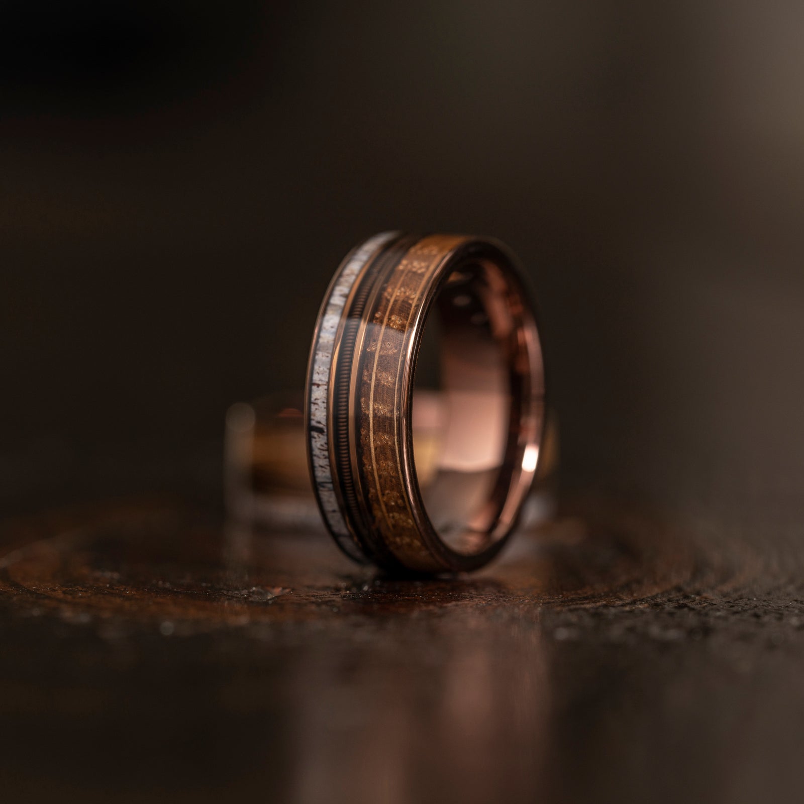 "Dionysus" Whiskey Barrel Wood x Antler x Guitar String Ring- Smoked Rose Gold Tungsten
