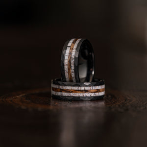 "Zeus" Hammered Ring- Black Charred Whiskey Barrel and Antler