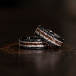 "Zeus" Hammered Ring- Black Charred Whiskey Barrel and Antler