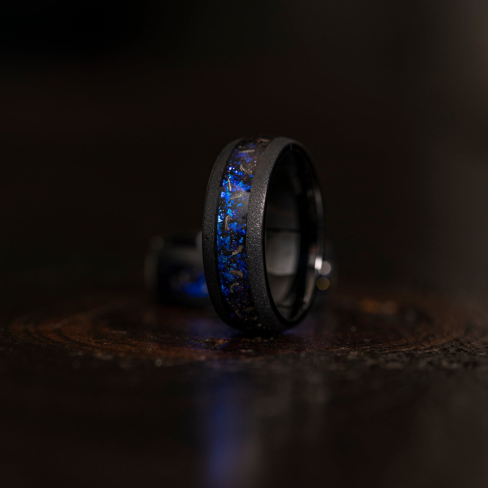 "Zeus" Domed Nebula Ring- Meteorite and Opal- Black 8mm