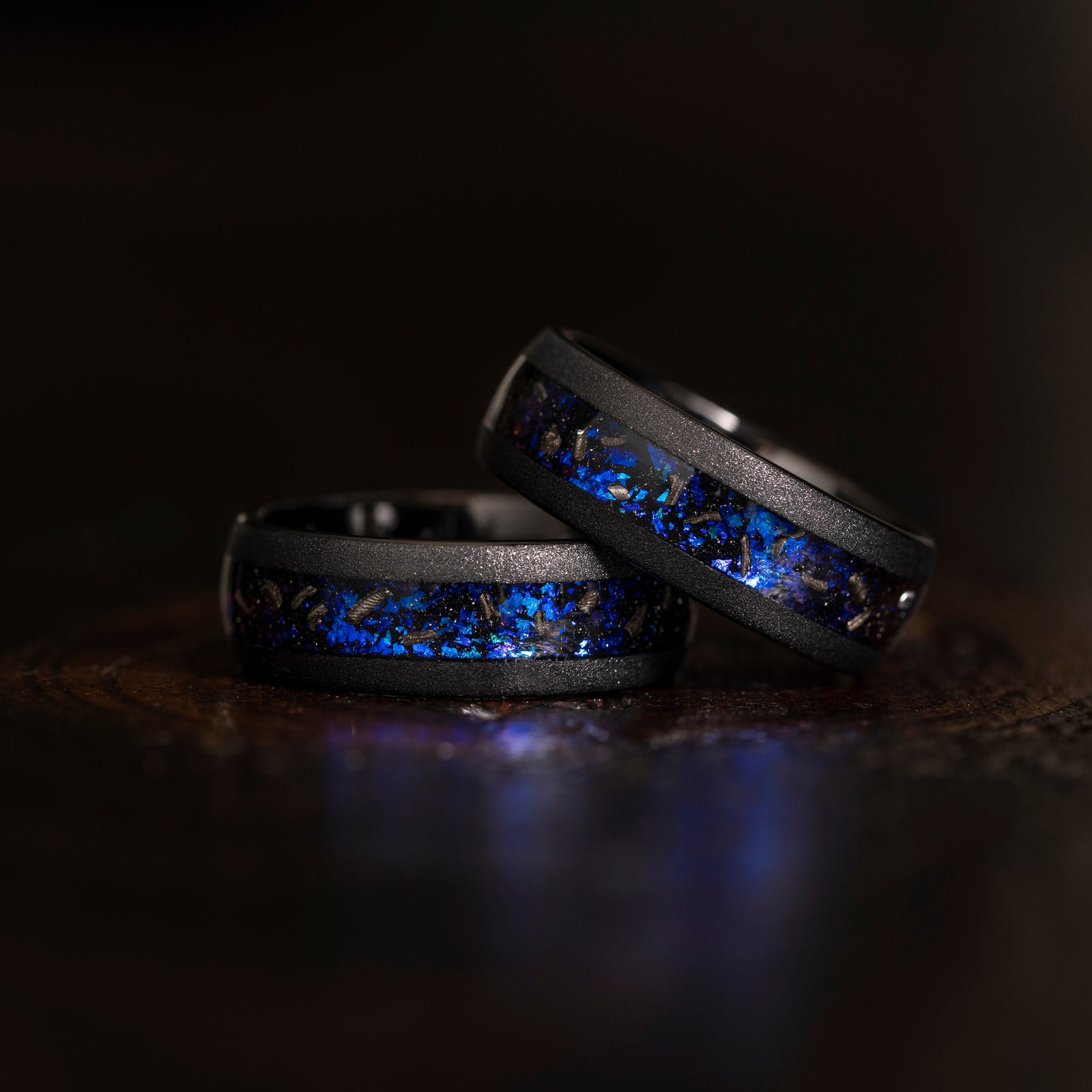 "Zeus" Domed Nebula Ring- Meteorite and Opal- Black 8mm