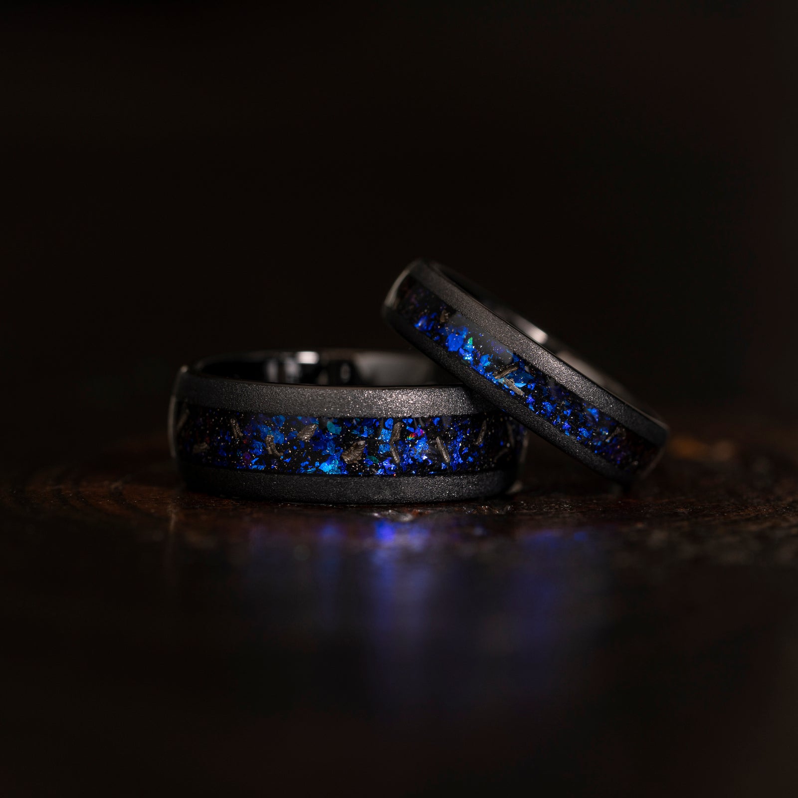 "Zeus" Domed Nebula Ring- Meteorite and Opal- Black 5mm Womens