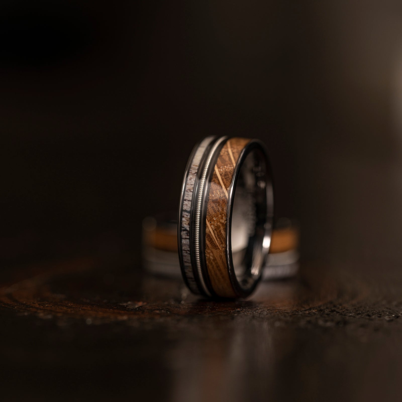 "Dionysus" Whiskey Barrel Wood x Antler x Guitar String Ring- Gunmetal Tungsten