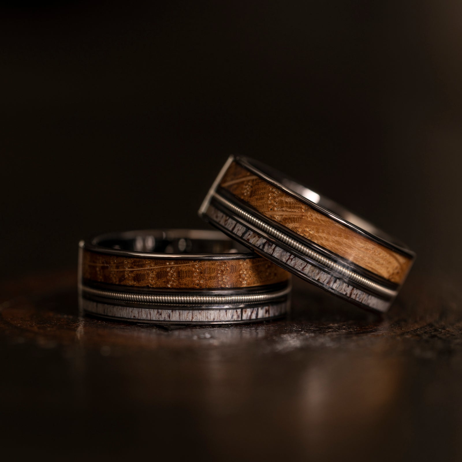 "Dionysus" Whiskey Barrel Wood x Antler x Guitar String Ring- Gunmetal Tungsten