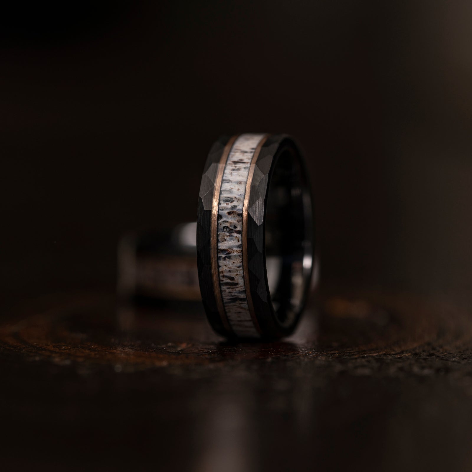 "Zeus" Black/Rose Hammered Ring with Antler