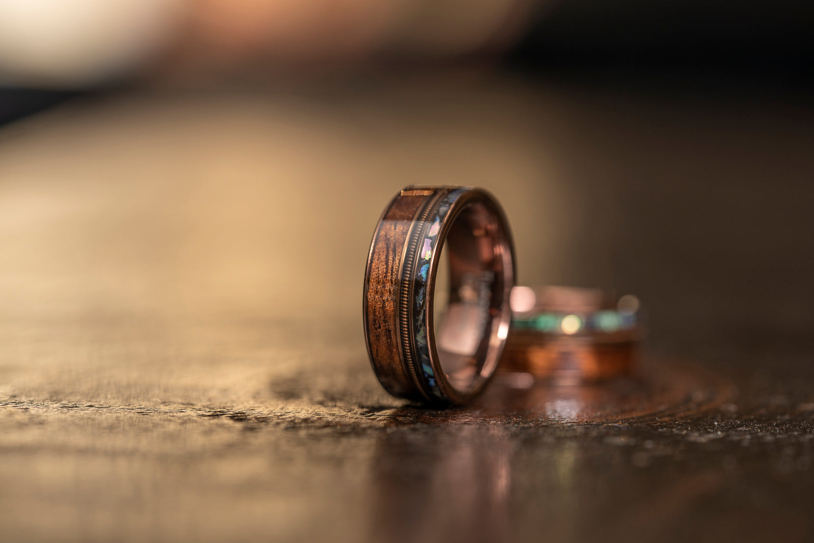 "Dionysus" Hawaiian Koa Wood x Abalone x Guitar String Ring- Smoked Rose Gold Tungsten