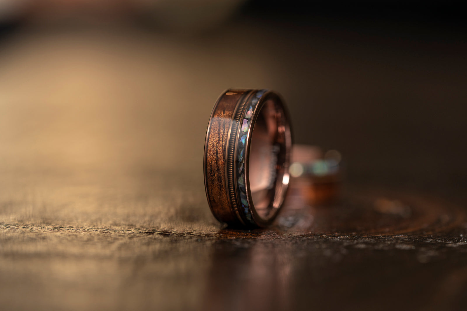 "Dionysus" Hawaiian Koa Wood x Abalone x Guitar String Ring- Smoked Rose Gold Tungsten