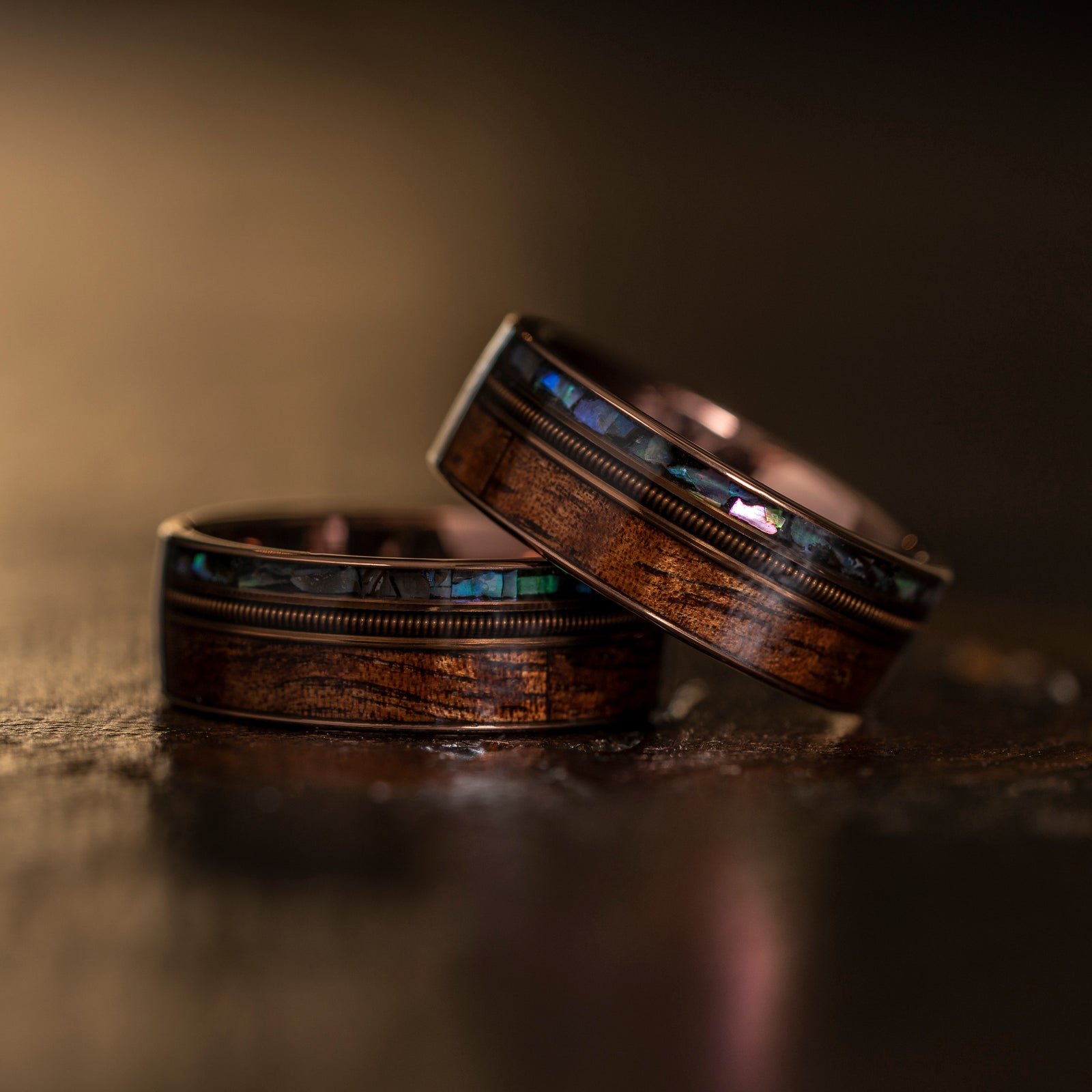 "Dionysus" Hawaiian Koa Wood x Abalone x Guitar String Ring- Smoked Rose Gold Tungsten