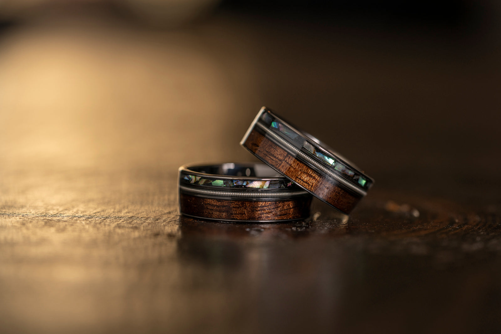 "Dionysus" Hawaiian Koa Wood x Abalone x Guitar String Ring- Gunmetal Tungsten