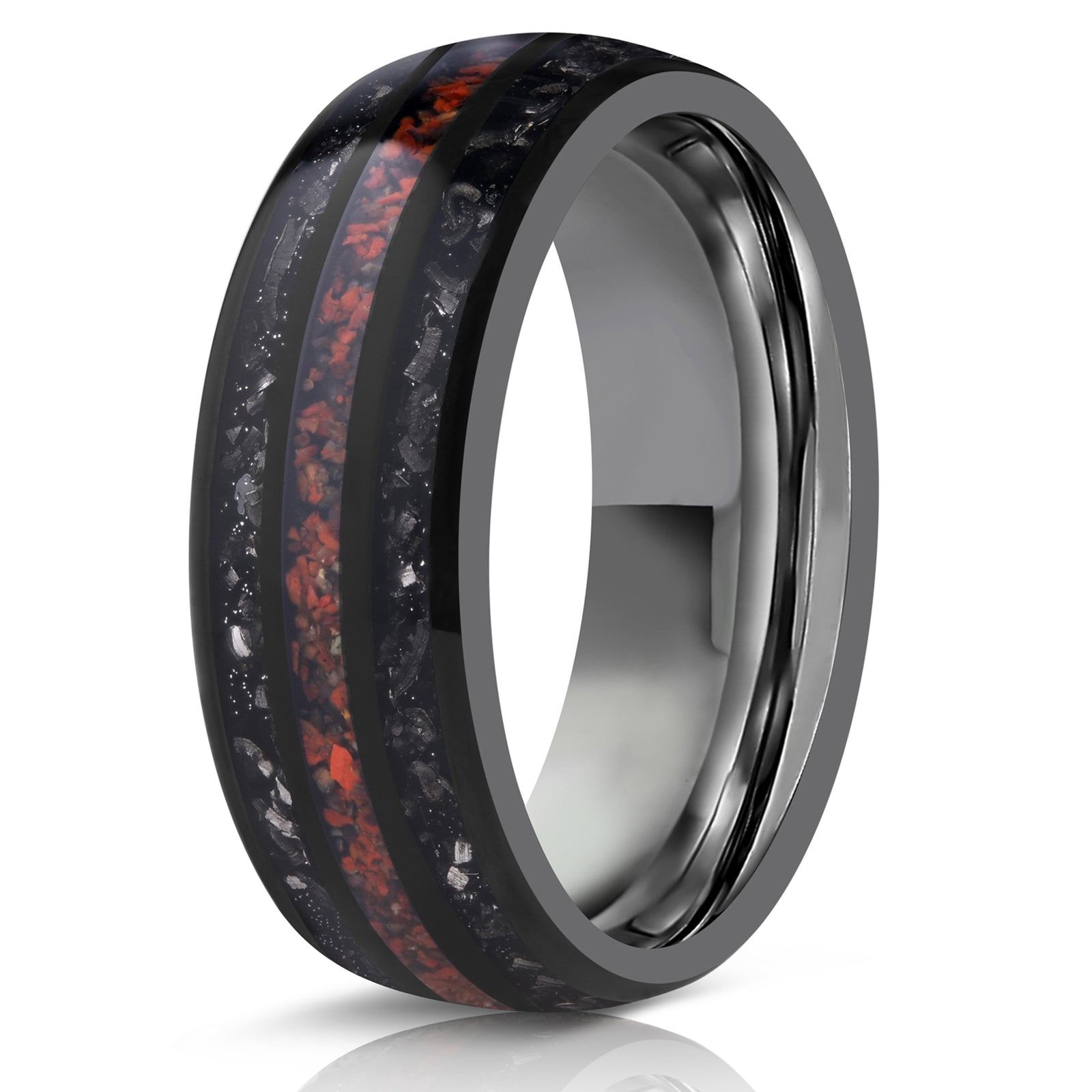 "Perseus" Black Domed Tungsten Carbide Ring- Dinosaur Bones and Meteorite- 6mm/8mm