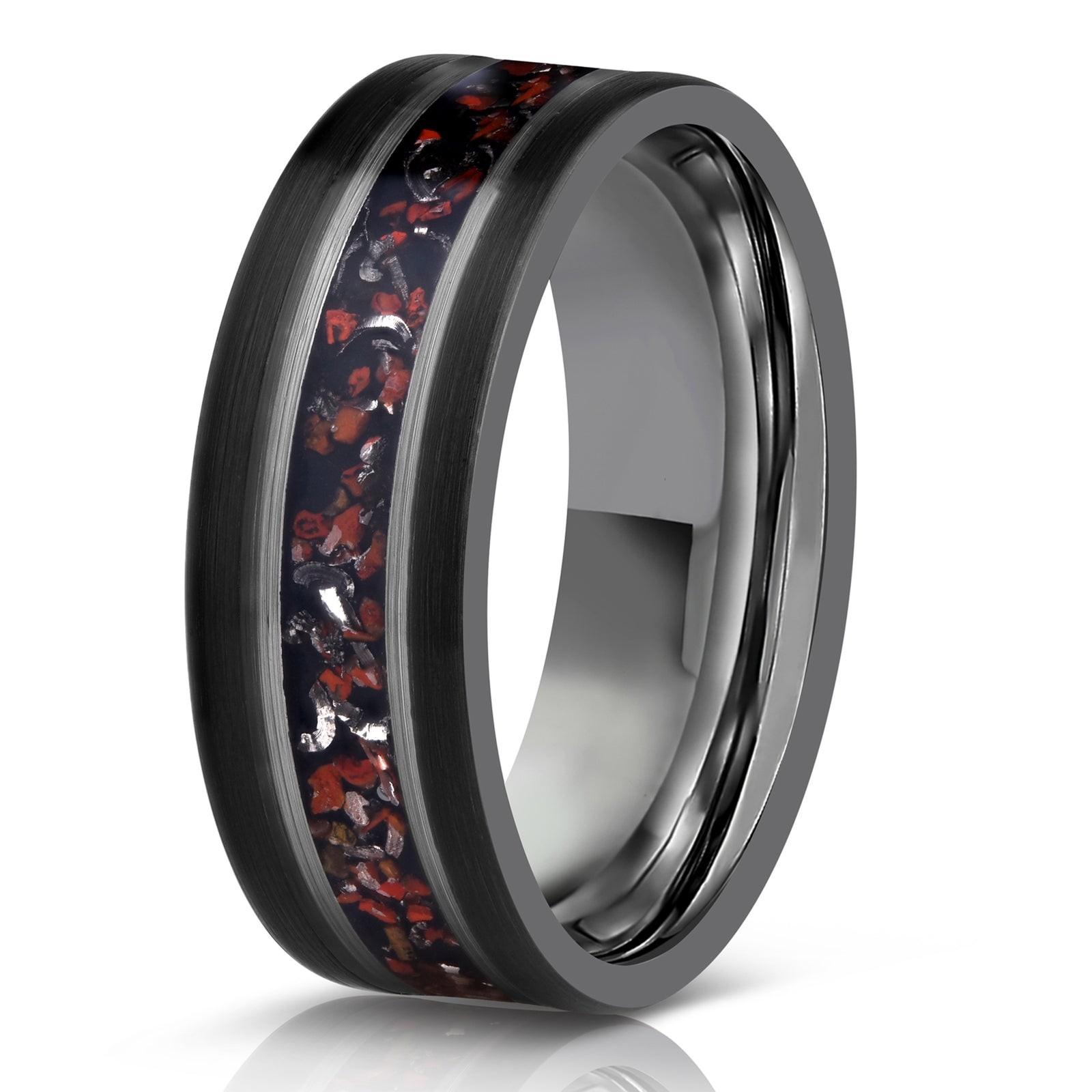 "Perseus" Black/Silver FLAT Tungsten Carbide Ring- Dinosaur Bones and Meteorite- 6mm/8mm