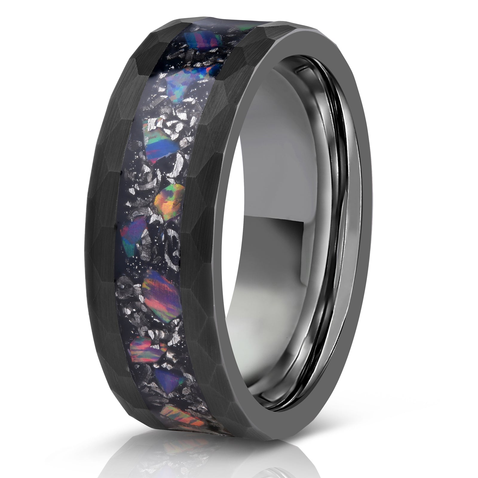 "Zeus" Hammered Tungsten Carbide Ring- Meteorite and Opal- Black- 6mm/8mm