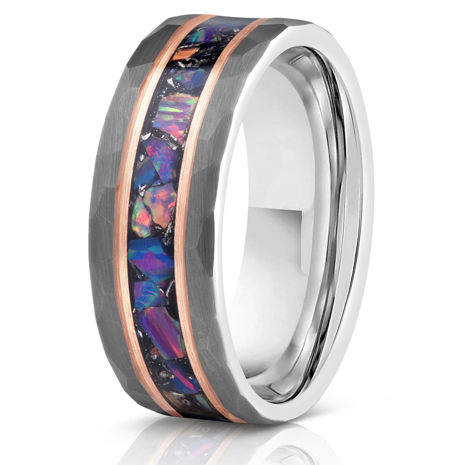 "Zeus" Hammered Tungsten Carbide Ring- Meteorite and Opal- Grey/Rose- 6mm/8mm