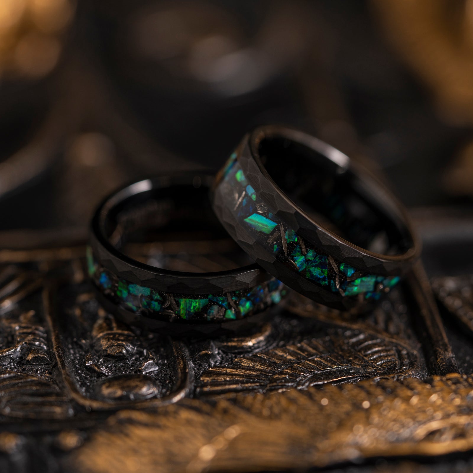 "Zeus" Hammered Tungsten Carbide Ring- Meteorite and Emerald Opal- Black- 8mm