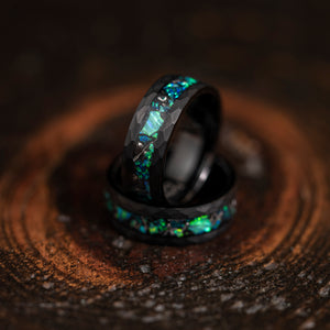 "Zeus" Hammered Tungsten Carbide Ring- Meteorite and Emerald Opal- Black- 8mm