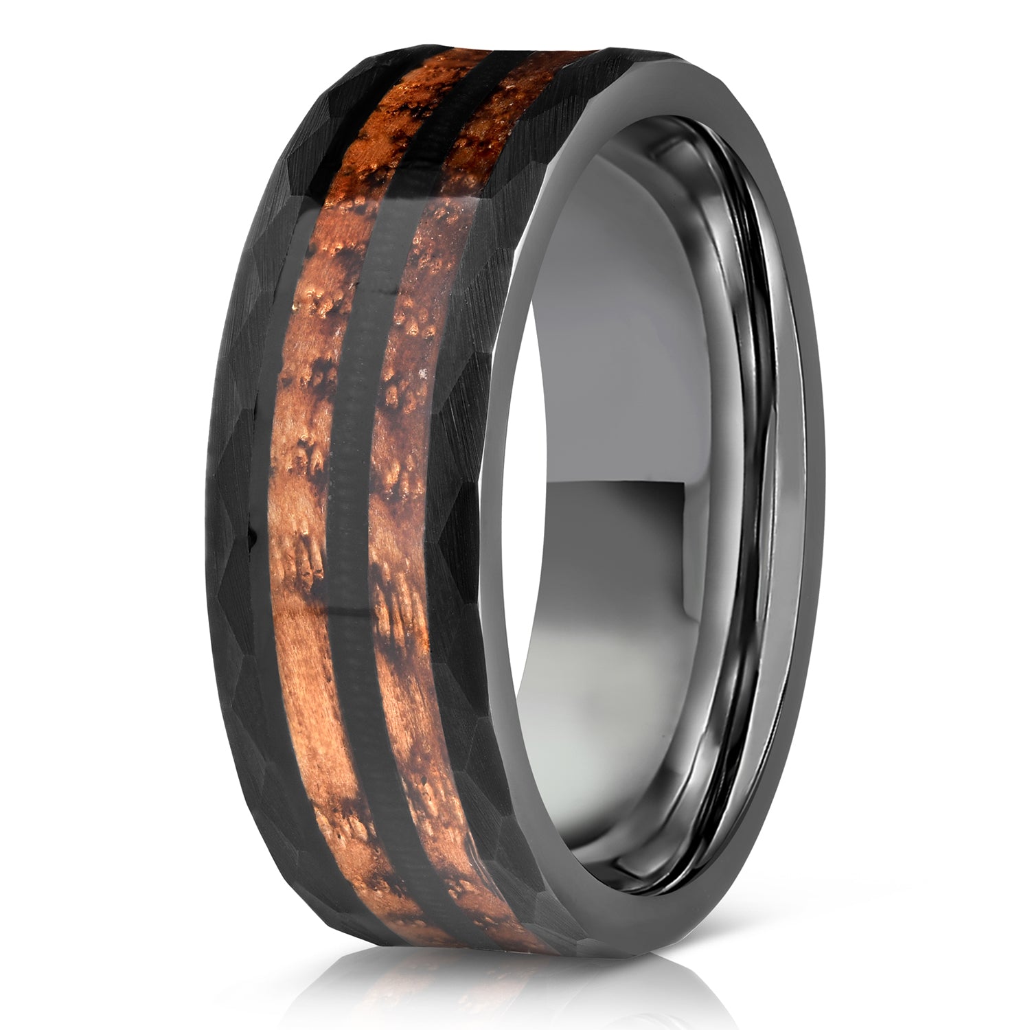 "Zeus" Hammered Ring- Black with Charred Whiskey Barrel and Guitar String