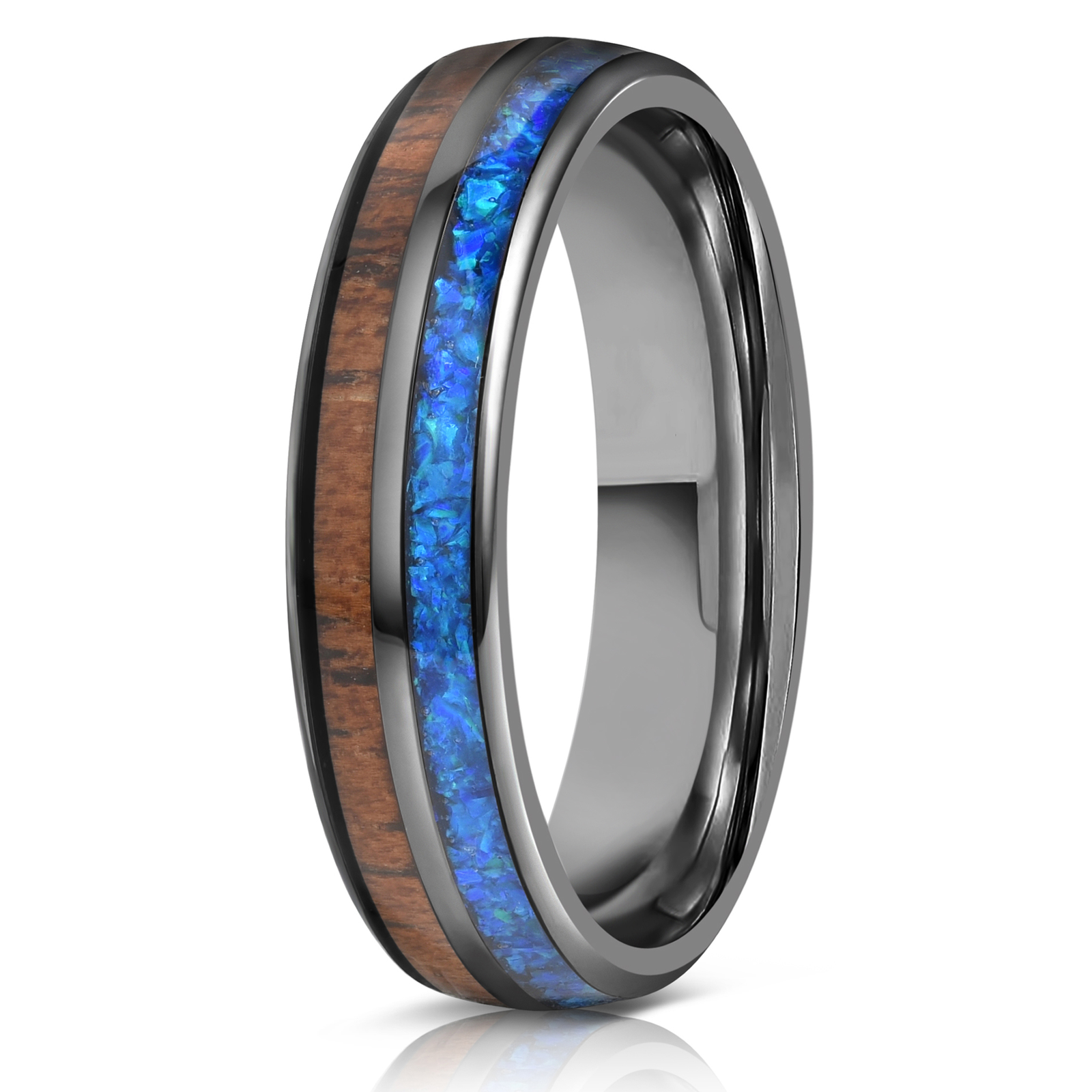 "Dionysis" Womens Tungsten Carbide Ring- Gunmetal X Blue Opal- 5mm
